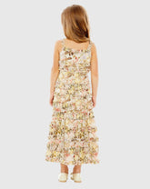 Beige Girls Floral Print Ruffle Tiered Midi Dress